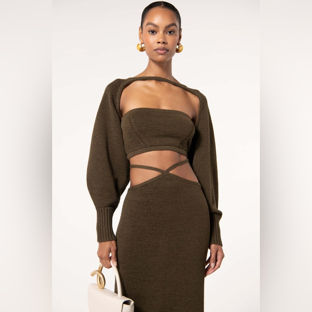 CULT GAIA 3 Piece Set Sally Knit Top, Shrug, and Skirt in Advieh Olive Green XS - Picture 4 of 7